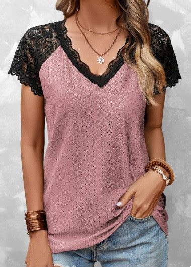 Rotita Lace Pink V Neck Short Sleeve T Shirt Rotita Usd