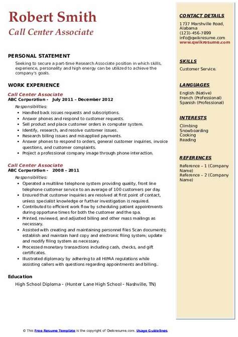 Call Center Associate Resume Samples Qwikresume