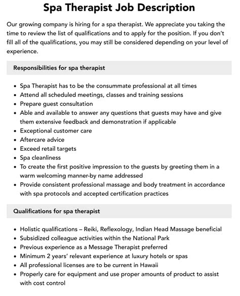 Spa Therapist Job Description | Velvet Jobs