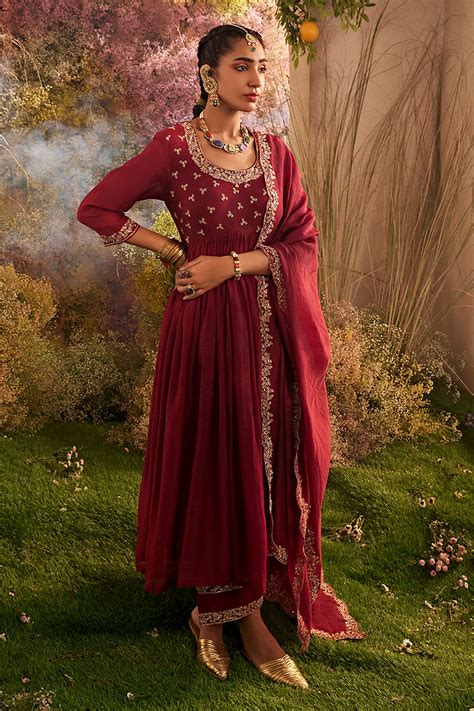 Buy Maroon Soft Chanderi Embroidered Round Hand Anarkali And Palazzo