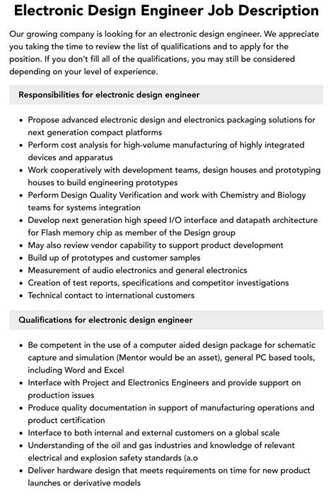 Electronic Design Engineer Job Description Velvet Jobs