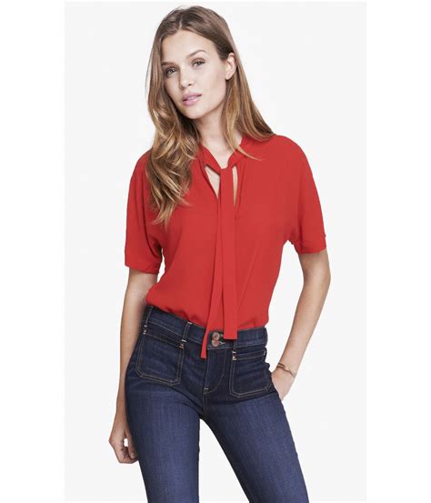 Express Tie Front Short Sleeve Blouse In Red Lyst