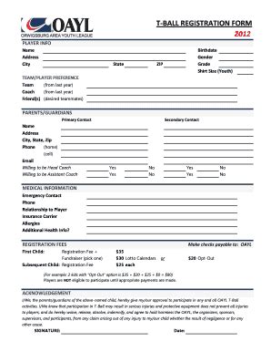 Fillable Online T BALL REGISTRATION FORM 2012 Fax Email Print PdfFiller