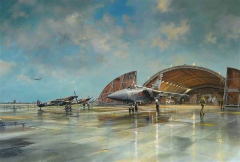 An Oil Painting Of Two Planes Parked In Front Of A Hangar With People