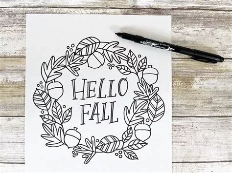 Foiled Hello Fall Wreath Hand-Drawn Free Printable