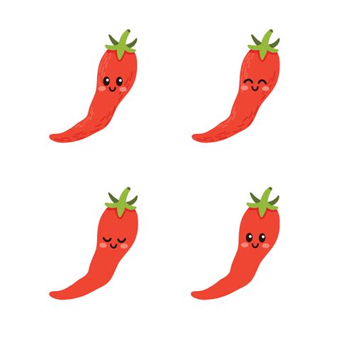 Set Of Cute Cartoon Colorful Red Hot Chili Peppers With Different Emotions Funny Emotions