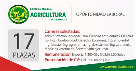 DIRECCIÓN DE AGRICULTURA HUÁNUCO 17 PLAZAS Empleos 2022