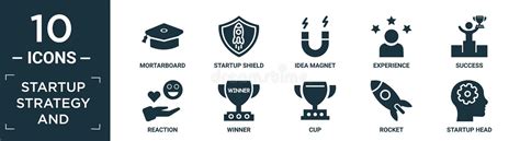 Filled Startup Strategy And Icon Set Contain Flat Mortarboard Startup