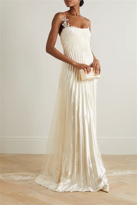 DANIELLE FRANKEL Scarlet lace-trimmed pleated satin and tulle gown