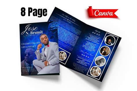 8 Page Blue Funeral Program Template Canva Funeral Template Printable Editable Bi Fold