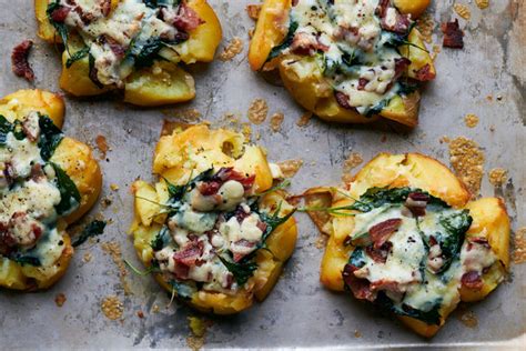 Smashed Potatoes With Bacon Cheese And Greens Recipe Nyt Cooking