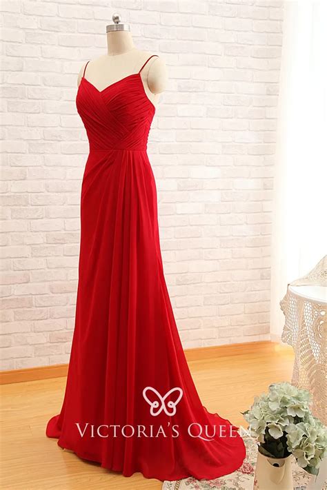 Red Pleated Chiffon V Neck Long Bridesmaid Dress Vq