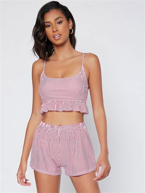 Shein Pack Pinstripe Ruffle Hem Bikini Swimsuit Shorts Swimsuit