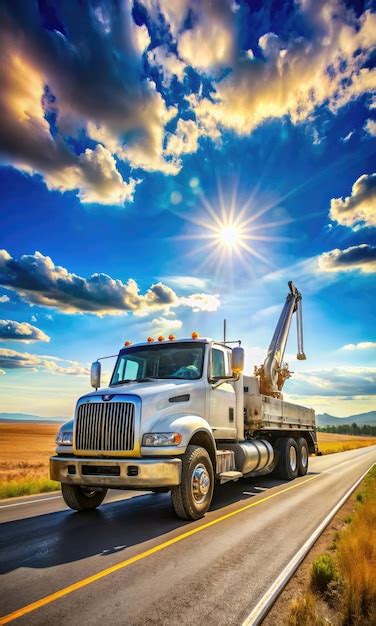 White Tow Truck Driving On Country Road Under Sunny Sky Generative Ai