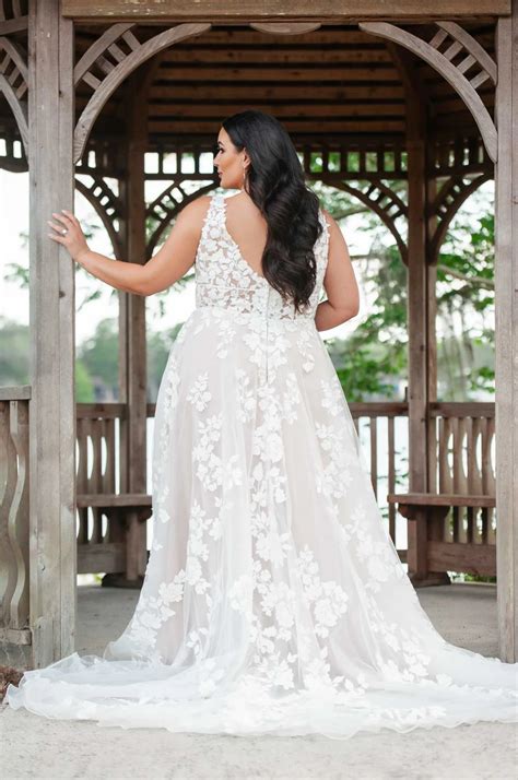 Semi Sheer Floral Plunging Plus Size A Line Wedding Dress