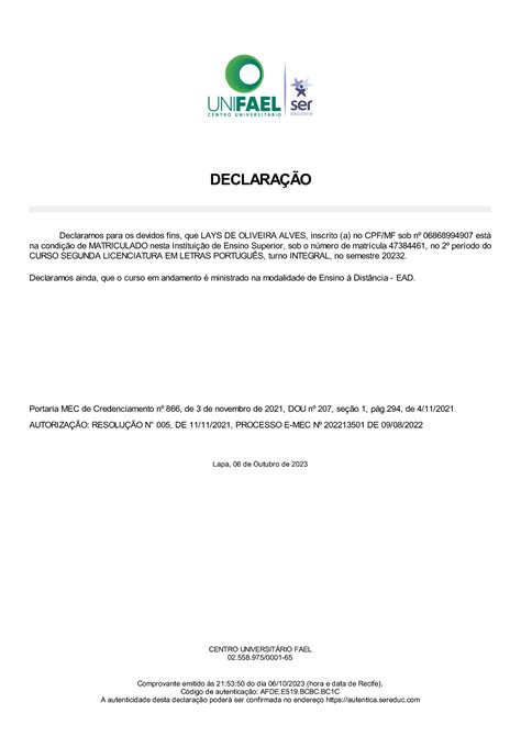 Declaracao Vinculo Ra Declara O Declaramos Para Os