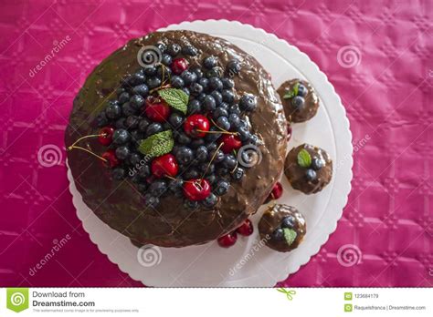 Top View Of Birthday Cake With Red Fruits Stock Image Image Of