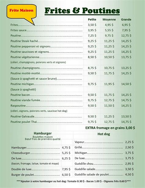 Menu Au Friterie La Restaurant Sherbrooke
