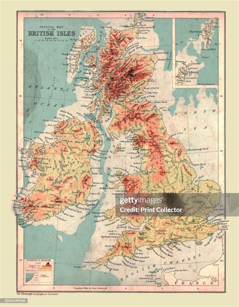 Physical Map Of The British Isles 1902 Highest Points Shown In Red