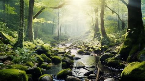 Premium AI Image | Nature portrayed in tranquil forest scene background