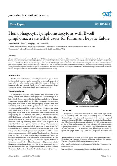 Pdf Hemophagocytic Lymphohistiocytosis With B Cell Lymphoma A Rare Lethal Cause For Fulminant