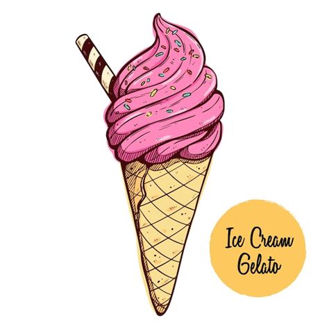 Premium Vector Hand Drawing Ice Cream Gelato Cone With Wafer Stick Roll