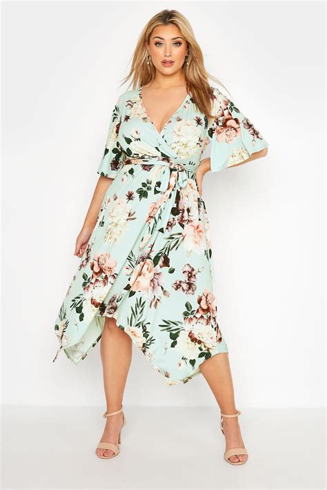 Yours London Plus Size Sage Green Floral Hanky Hem Dress Yours Clothing