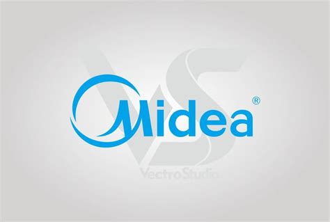 the logo for midea is shown in blue and gray colors on a white background