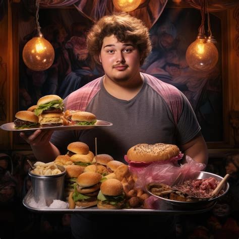 Premium AI Image | Young fat man holding a tray of junk food