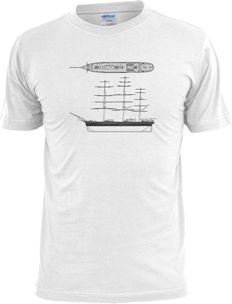 Cutty Sark Mens Inspired Blueprint Sketch T Shirt Ship Boat Navy