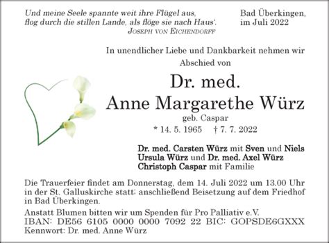 Traueranzeigen Von Anne Margarethe W Rz S Dwest Presse Trauer