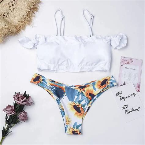 Sexy Stampato Bikini Set Perizoma Bianco Solido Top Costumi Da