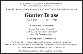 Traueranzeigen von Günter Brass Saarbruecker Zeitung Trauer de