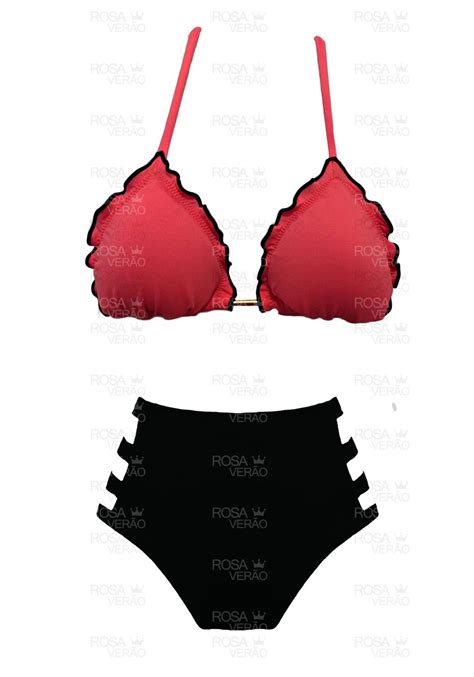 Biqu Ni Cintura Alta Recortes Hot Pants Coral E Preto Rosa Ver O