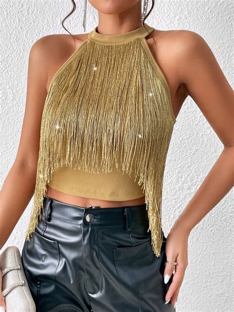 Shein Bae Fringe Trim Crop Halter Top Shein Usa