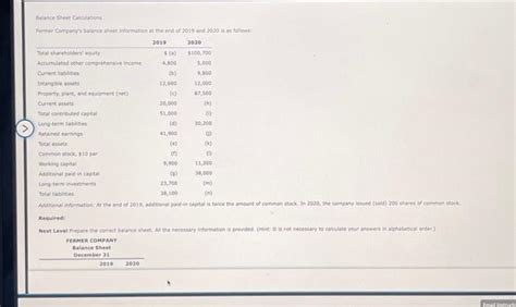 Balance Sheet Calculations Fermer Company S Balance Chegg