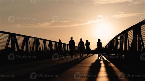 Silhouettes People Walking On The Bridge On Sundown Background