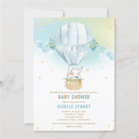 Elephant Hot Air Balloon Baby Shower Boy Whimsy Invitation Zazzle