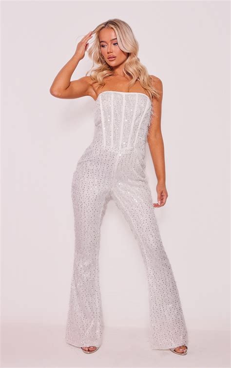 White Textured Sequin Corset Bandeau Jumpsuit Jumpsuits And Playsuits Prettylittlething