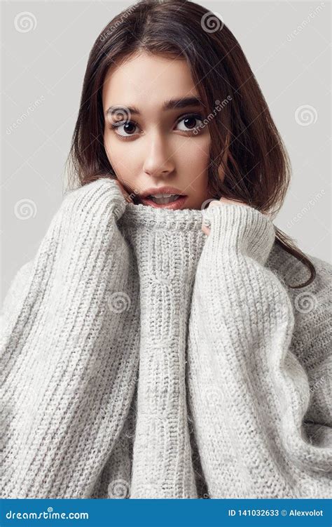 Beautiful Brunette Woman In Sweater Posing In Studio Stock Image Image Of Luxury Makeup