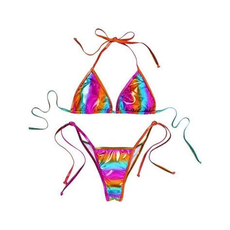 Femmes Bikini métallique ensemble maillots de bain à lacets soutien gorge rembourré avec tongs