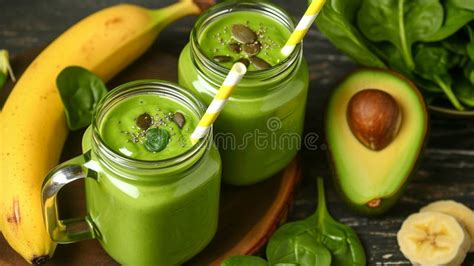 Glass Jar Mugs With Green Health Smoothie Banana Avocado Ai