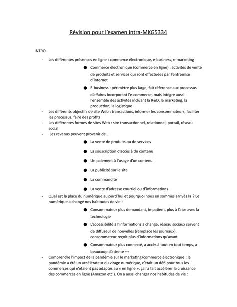 Plan D Tude Intra Notes De Cours R Vision Pour Lexamen Intra Mkg