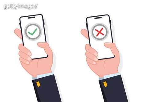 Hands Holding Smartphones With Checkmarks Set Tick And Cross Check