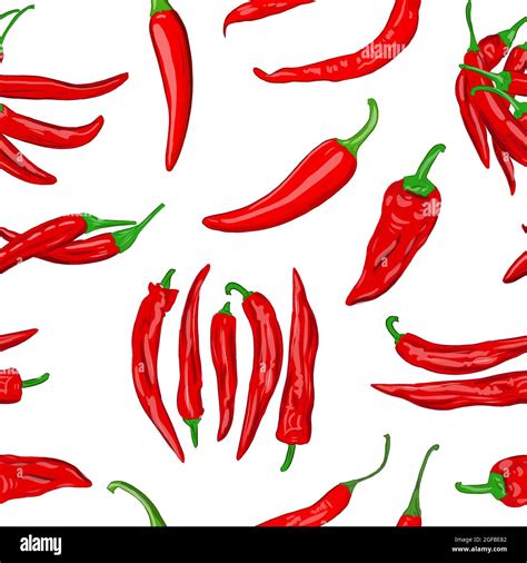 Digital Illustration Of A Seamless Pattern Of Red Hot Cayenne Pepper Pods On A White Background