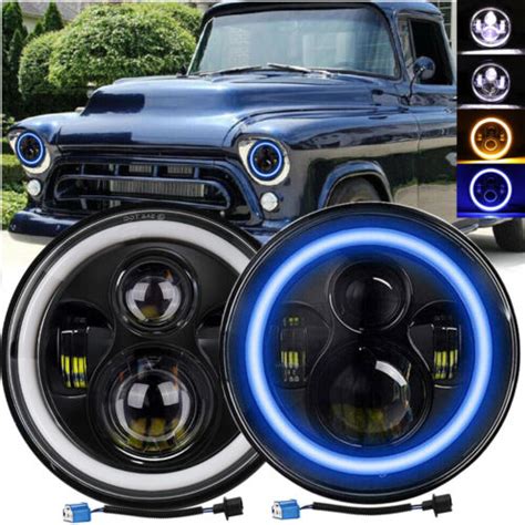 Pair Round Led Headlights Hi Lo Beam Blue Drl Halo For Chevy Truck