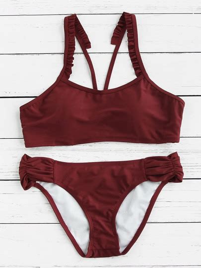 Frill Strap Ruched Detail Bikini Set Shein Sheinside