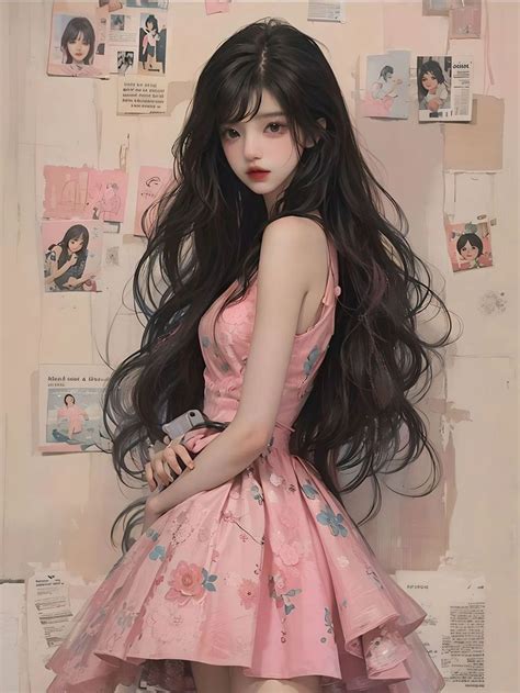 A Woman With Long Dark Hair Wearing A Pink Dress In Front Of A Wall