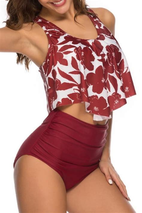 Lotus Leaf High Waist Flower Print Tankini Set