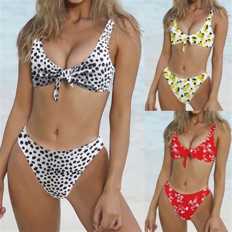 Femmes noueuse rembourré String Bikini Mid Waisted Scoop Maillot de